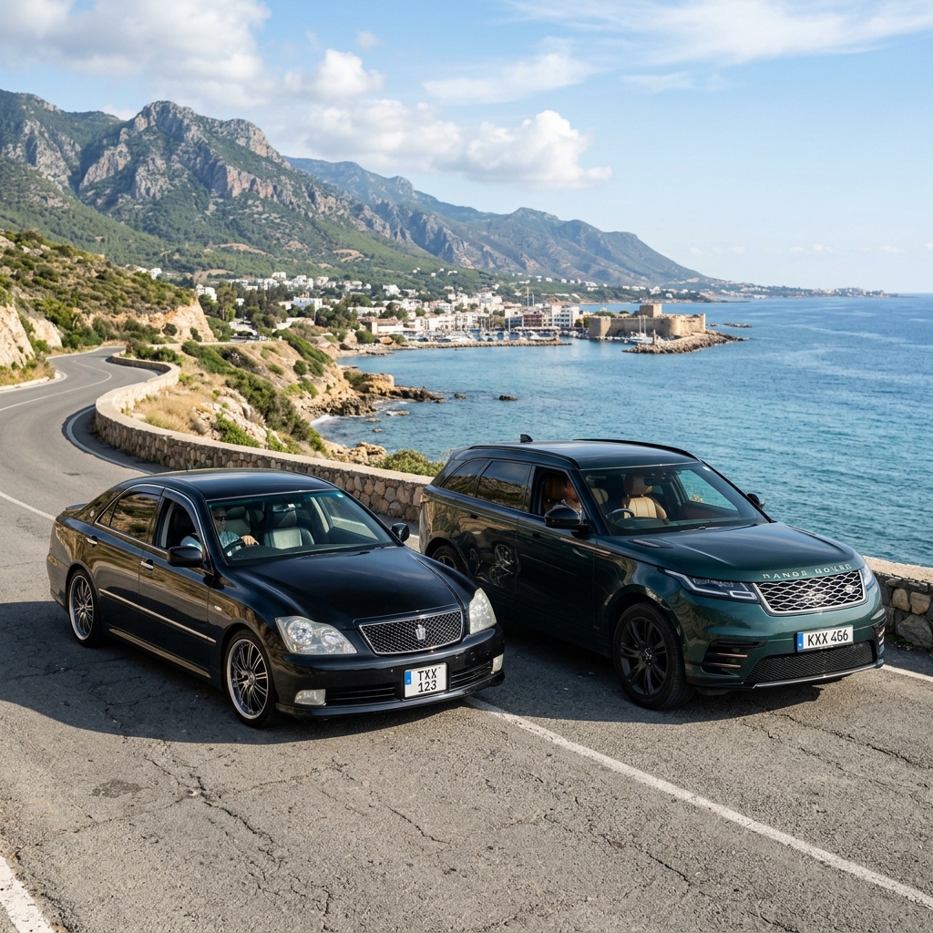 Kıbrıs Girne sahil yolunda yan yana duran Japon JDM ve İngiliz UK ithal arabalar